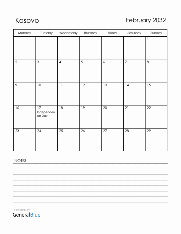 February 2032 Kosovo Calendar with Holidays (Monday Start)