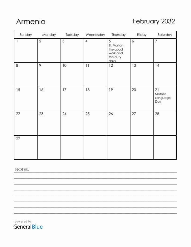 February 2032 Armenia Calendar with Holidays (Sunday Start)