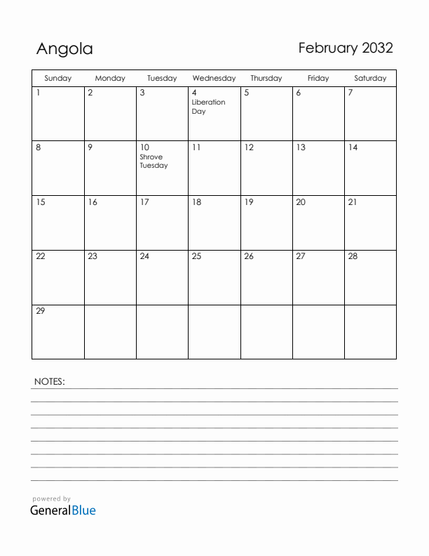 February 2032 Angola Calendar with Holidays (Sunday Start)