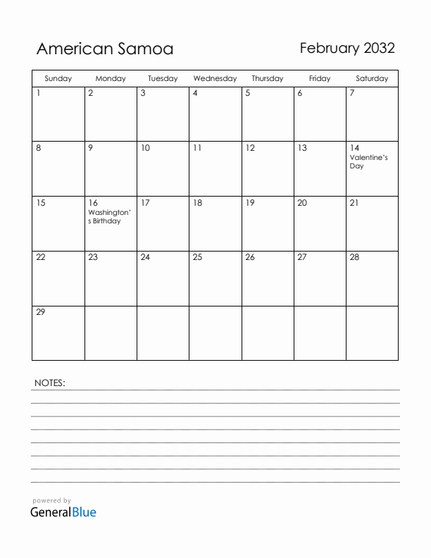 February 2032 American Samoa Calendar with Holidays (Sunday Start)