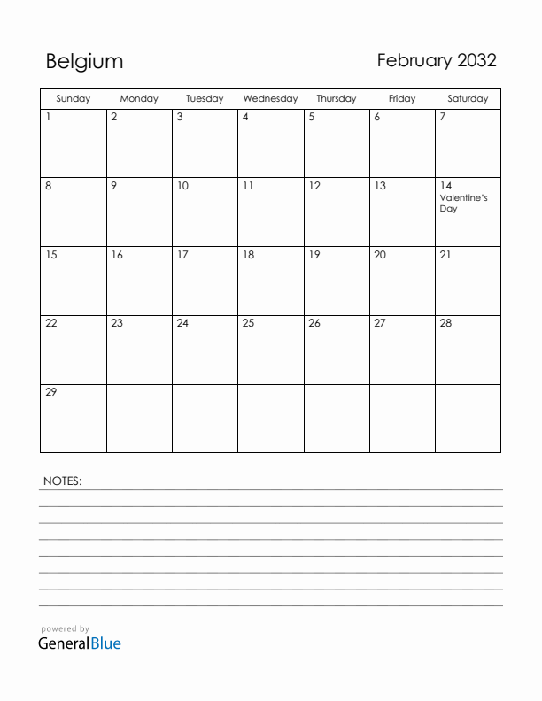 February 2032 Belgium Calendar with Holidays (Sunday Start)