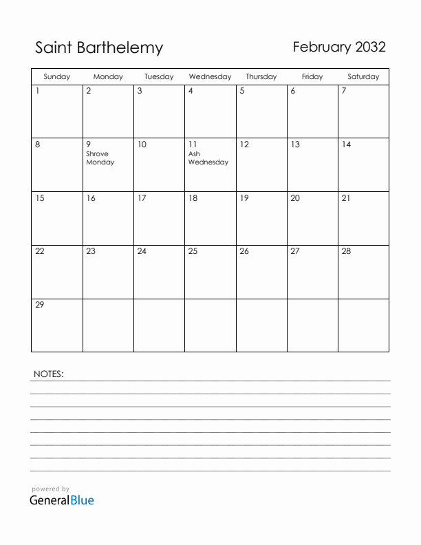February 2032 Saint Barthelemy Calendar with Holidays (Sunday Start)