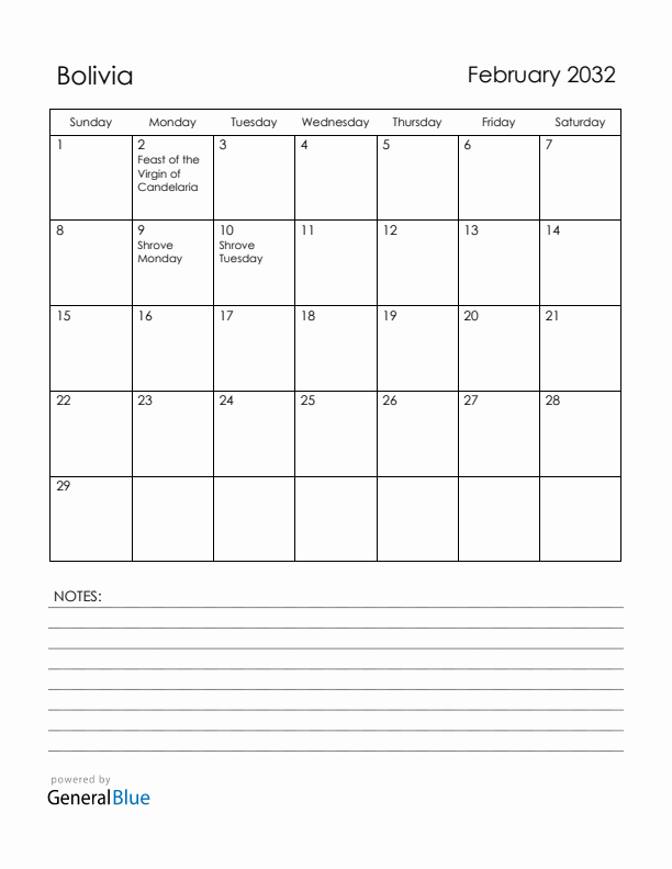 February 2032 Bolivia Calendar with Holidays (Sunday Start)