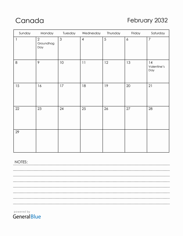 February 2032 Canada Calendar with Holidays (Sunday Start)