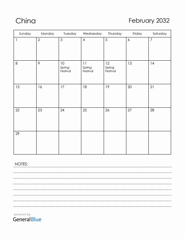 February 2032 China Calendar with Holidays (Sunday Start)