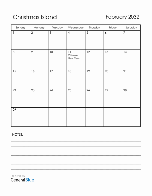 February 2032 Christmas Island Calendar with Holidays (Sunday Start)