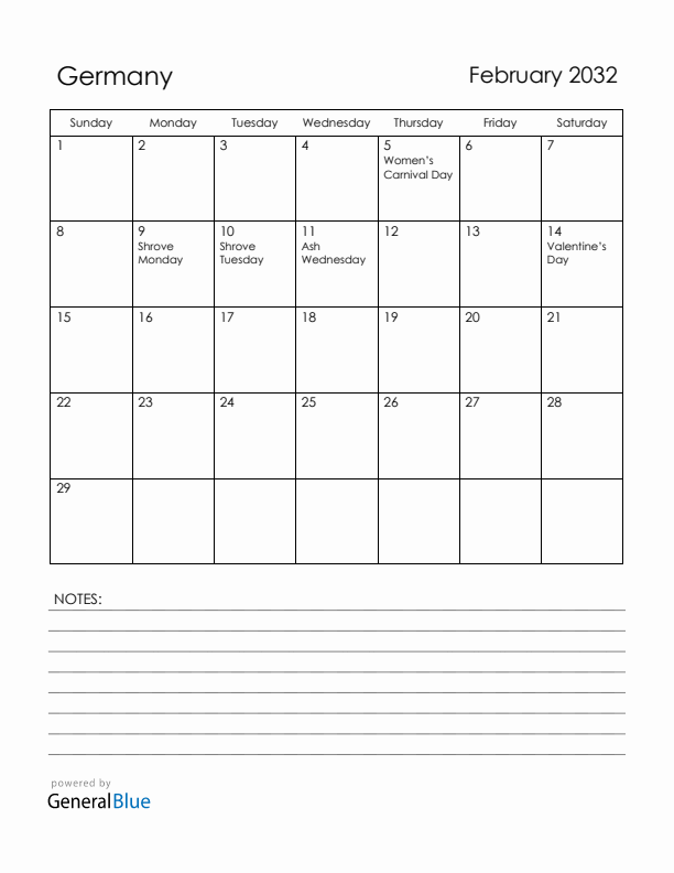 February 2032 Germany Calendar with Holidays (Sunday Start)