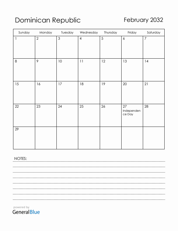 February 2032 Dominican Republic Calendar with Holidays (Sunday Start)
