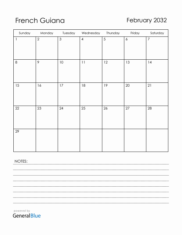 February 2032 French Guiana Calendar with Holidays (Sunday Start)