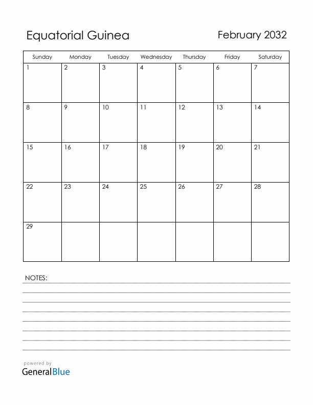 February 2032 Equatorial Guinea Calendar with Holidays (Sunday Start)