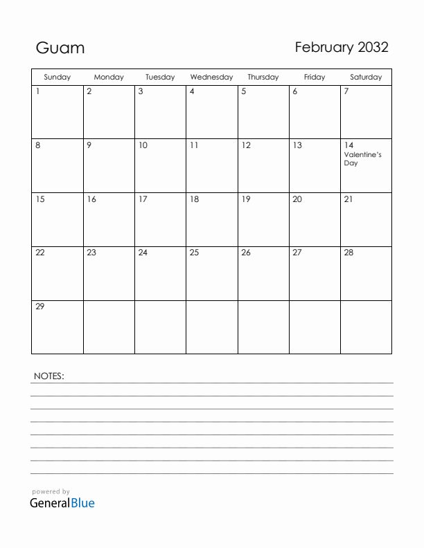 February 2032 Guam Calendar with Holidays (Sunday Start)
