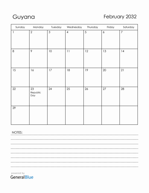 February 2032 Guyana Calendar with Holidays (Sunday Start)