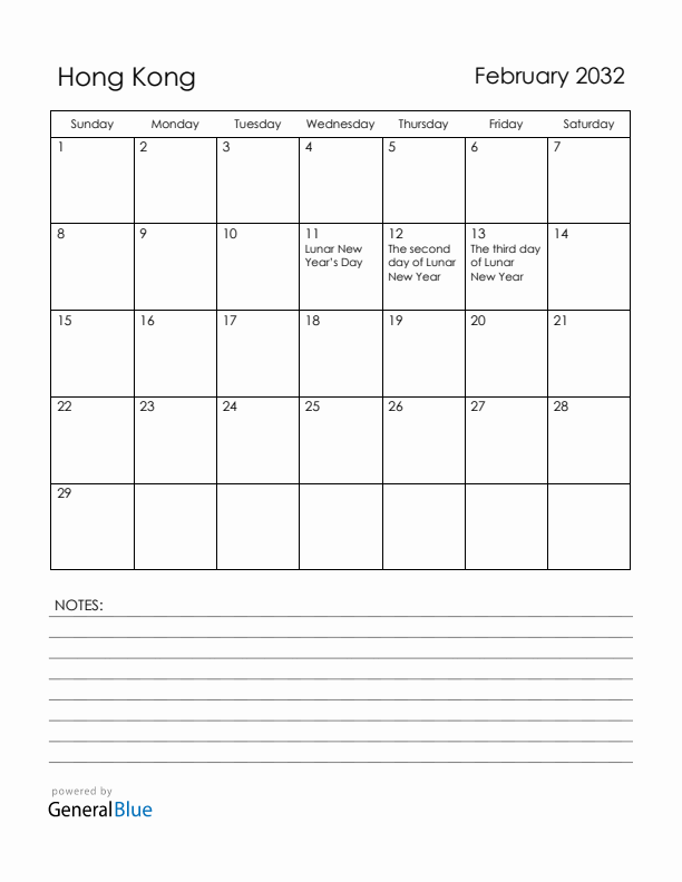 February 2032 Hong Kong Calendar with Holidays (Sunday Start)