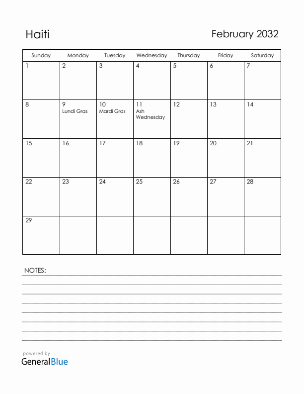 February 2032 Haiti Calendar with Holidays (Sunday Start)
