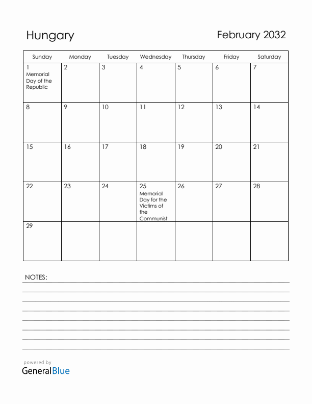 February 2032 Hungary Calendar with Holidays (Sunday Start)