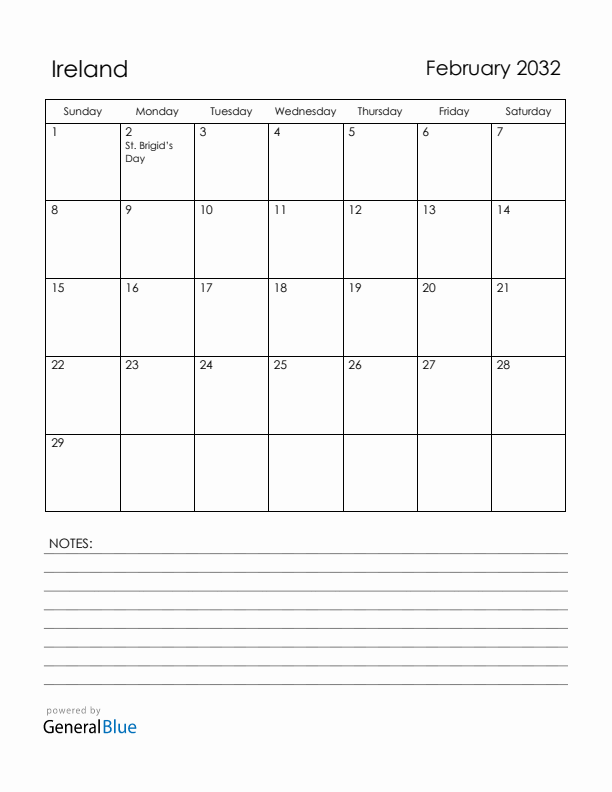February 2032 Ireland Calendar with Holidays (Sunday Start)