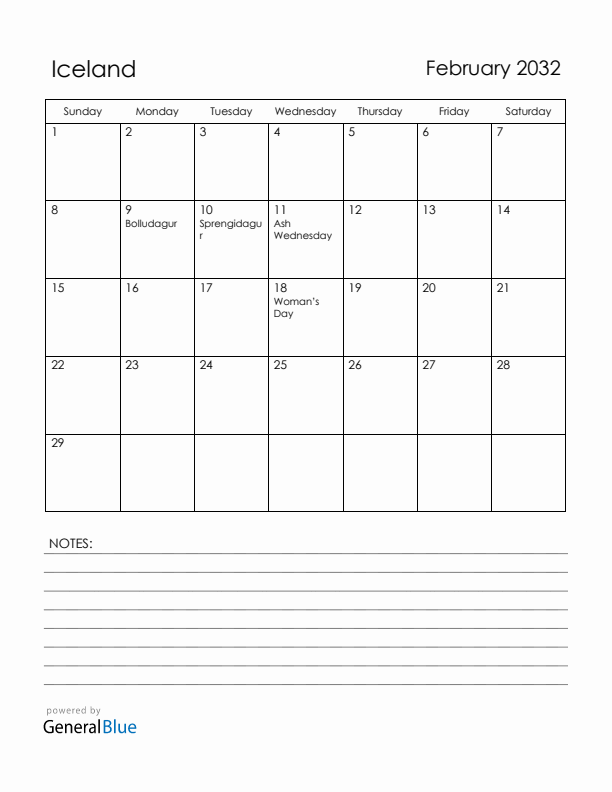 February 2032 Iceland Calendar with Holidays (Sunday Start)