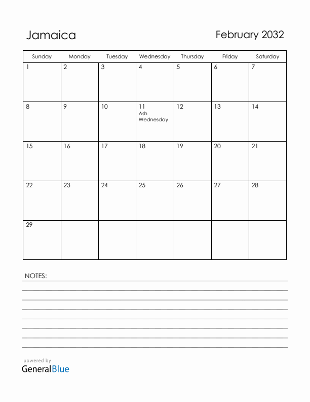 February 2032 Jamaica Calendar with Holidays (Sunday Start)