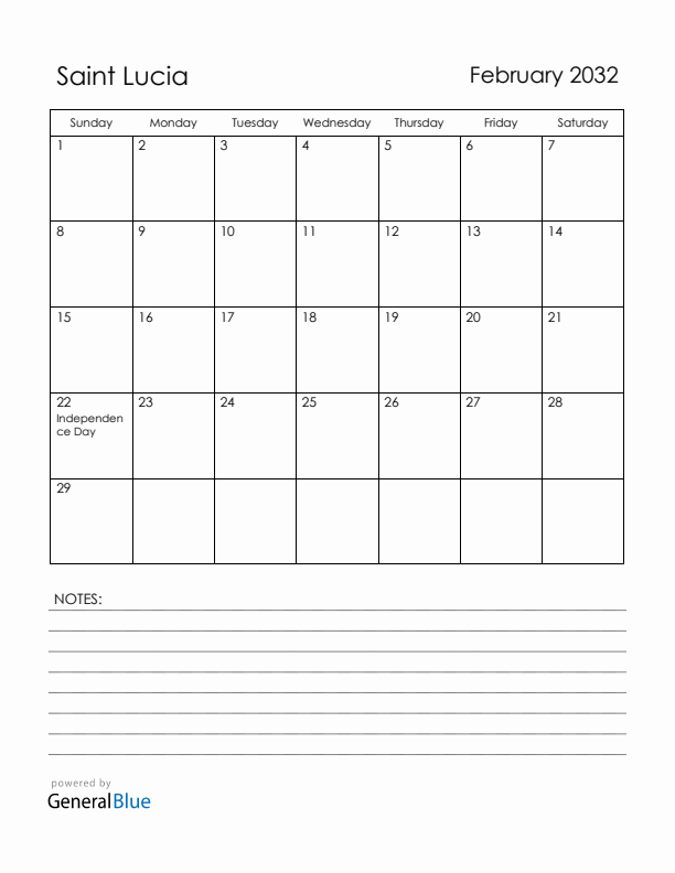 February 2032 Saint Lucia Calendar with Holidays (Sunday Start)