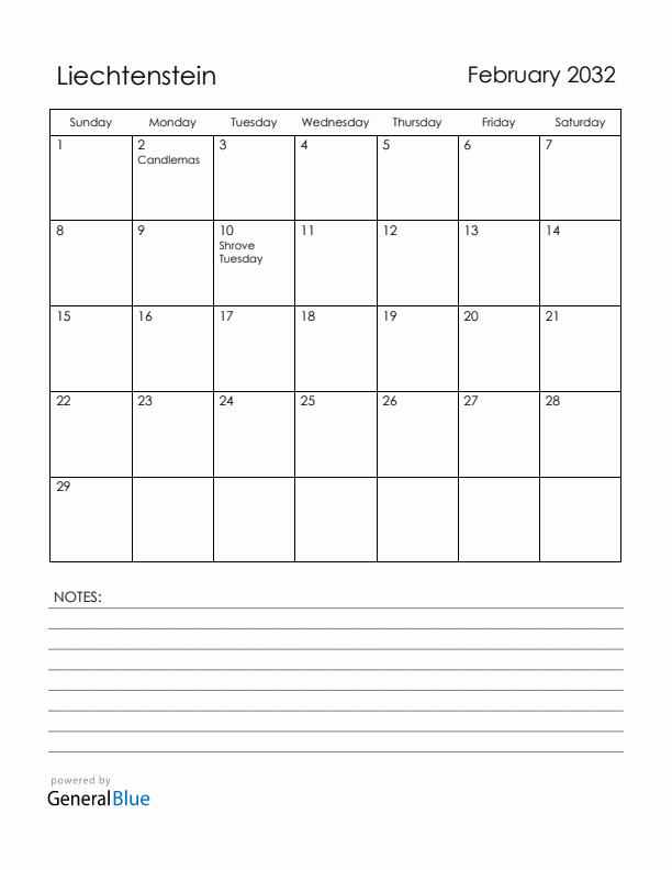 February 2032 Liechtenstein Calendar with Holidays (Sunday Start)