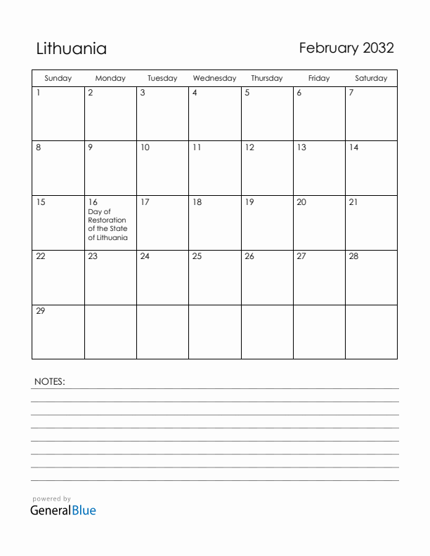 February 2032 Lithuania Calendar with Holidays (Sunday Start)