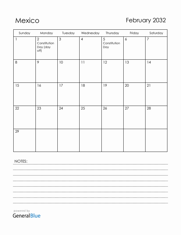February 2032 Mexico Calendar with Holidays (Sunday Start)