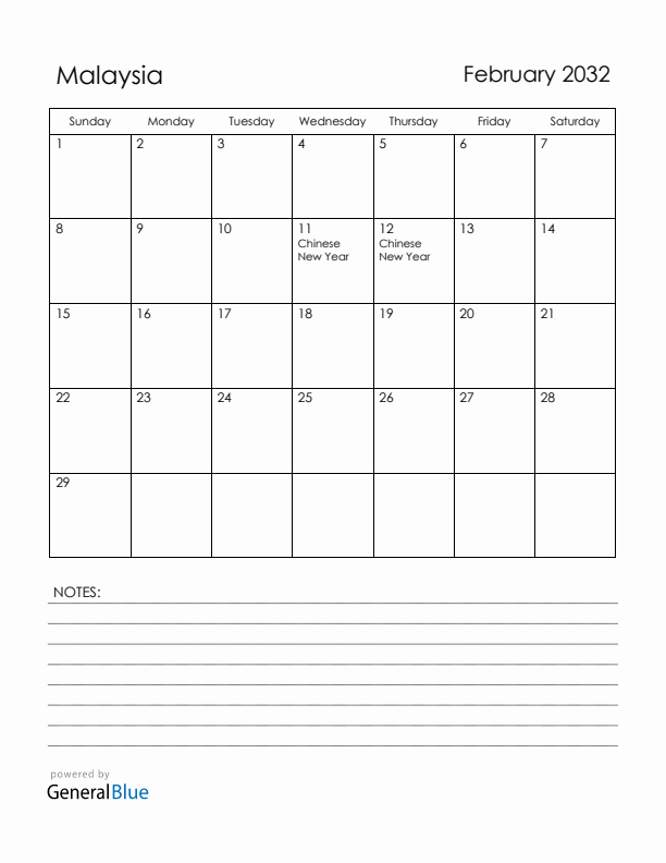 February 2032 Malaysia Calendar with Holidays (Sunday Start)