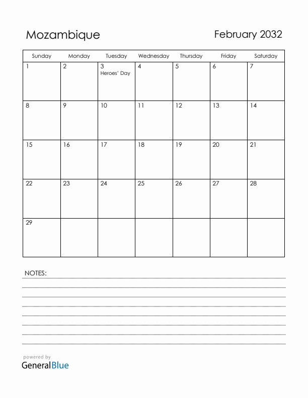 February 2032 Mozambique Calendar with Holidays (Sunday Start)
