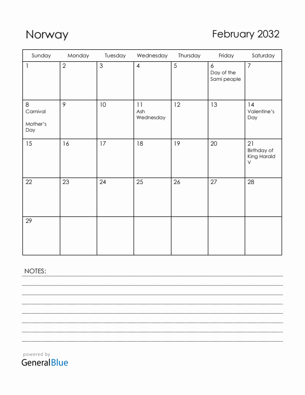 February 2032 Norway Calendar with Holidays (Sunday Start)