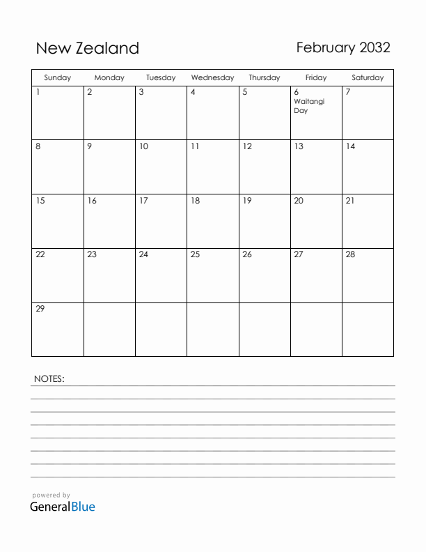 February 2032 New Zealand Calendar with Holidays (Sunday Start)