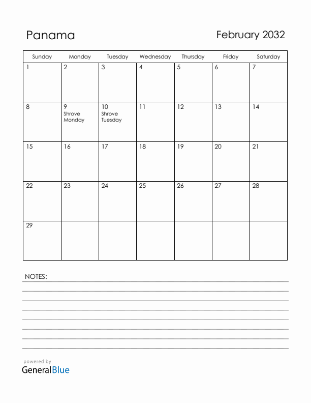 February 2032 Panama Calendar with Holidays (Sunday Start)