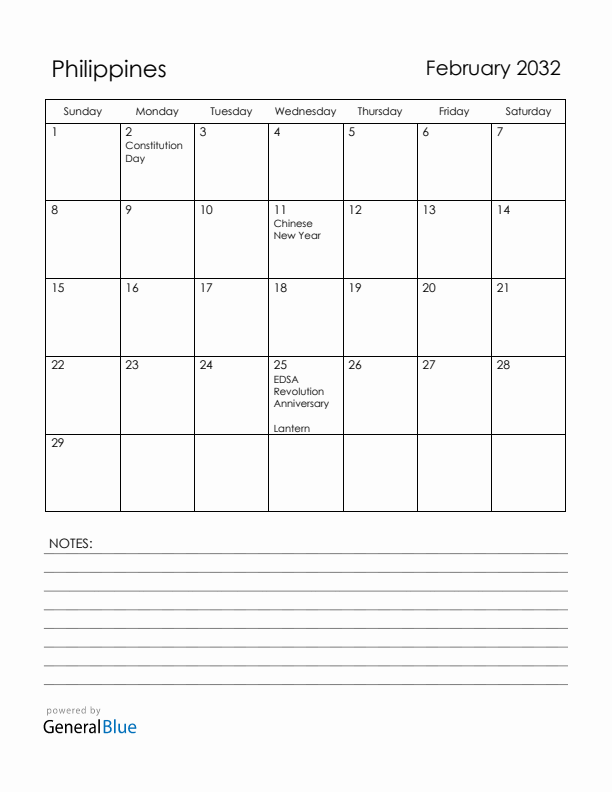 February 2032 Philippines Calendar with Holidays (Sunday Start)