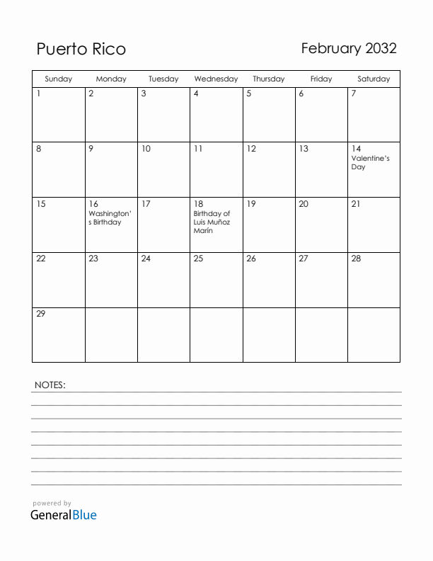 February 2032 Puerto Rico Calendar with Holidays (Sunday Start)