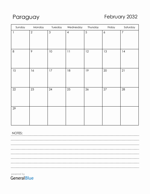 February 2032 Paraguay Calendar with Holidays (Sunday Start)