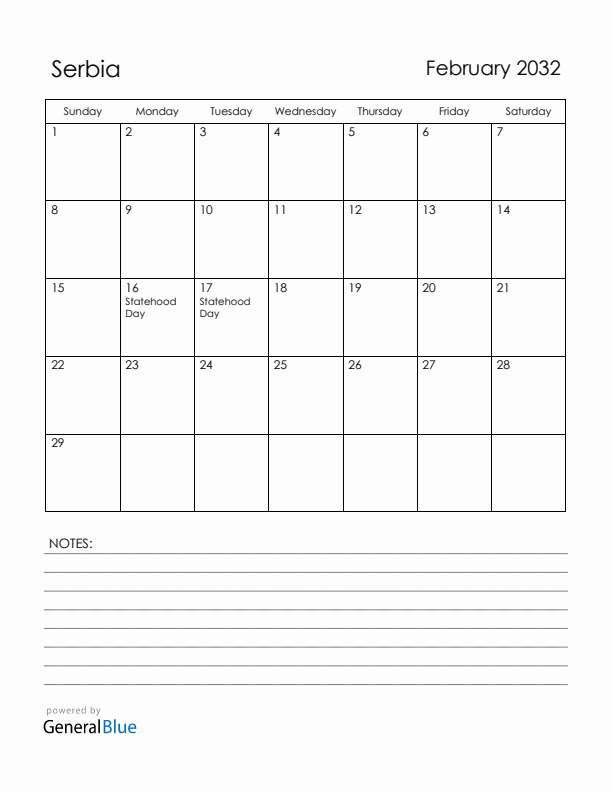 February 2032 Serbia Calendar with Holidays (Sunday Start)