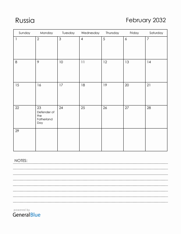 February 2032 Russia Calendar with Holidays (Sunday Start)