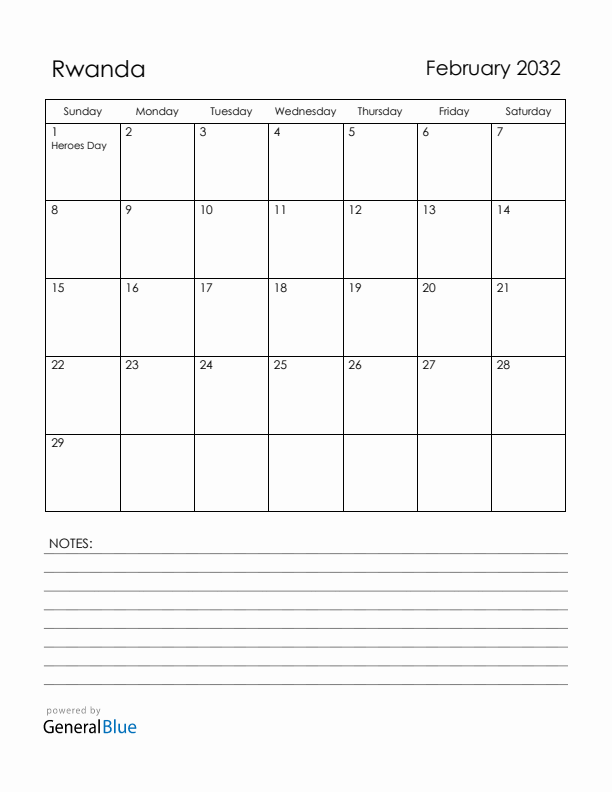 February 2032 Rwanda Calendar with Holidays (Sunday Start)