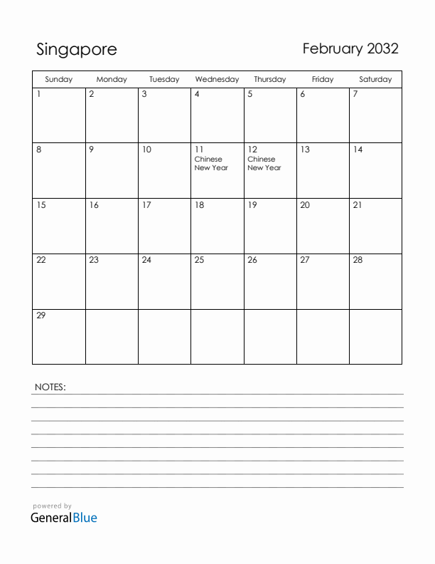 February 2032 Singapore Calendar with Holidays (Sunday Start)