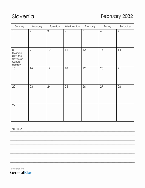 February 2032 Slovenia Calendar with Holidays (Sunday Start)