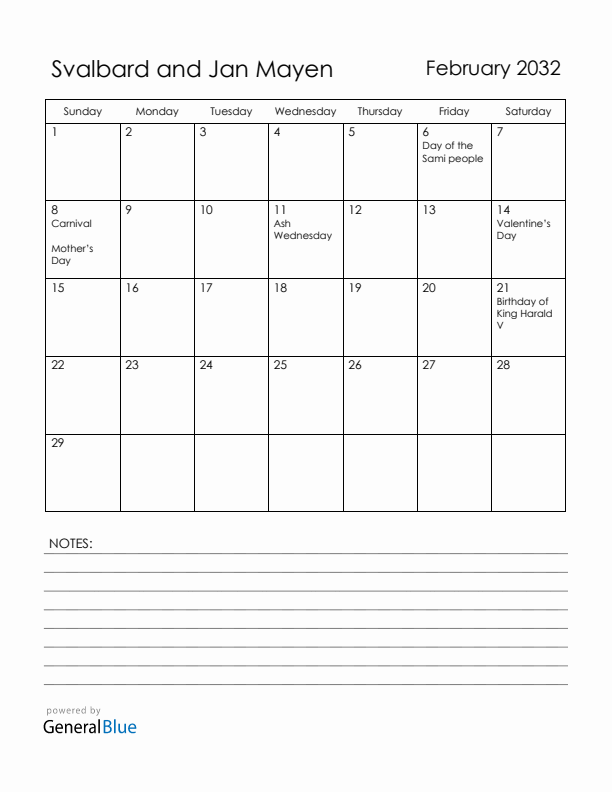 February 2032 Svalbard and Jan Mayen Calendar with Holidays (Sunday Start)