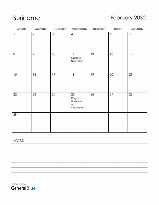February 2032 Suriname Calendar with Holidays (Sunday Start)