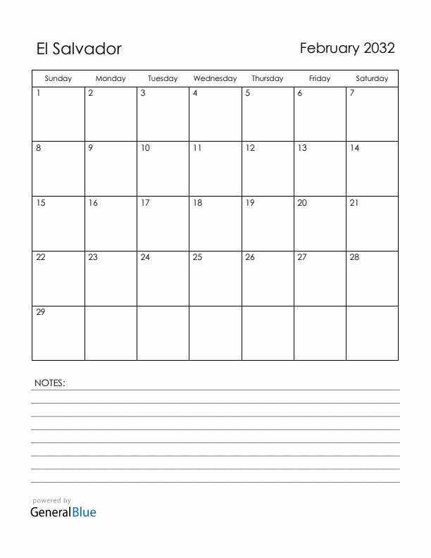 February 2032 El Salvador Calendar with Holidays (Sunday Start)