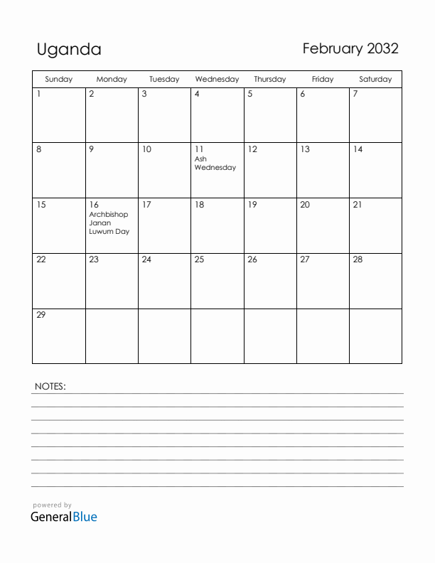 February 2032 Uganda Calendar with Holidays (Sunday Start)