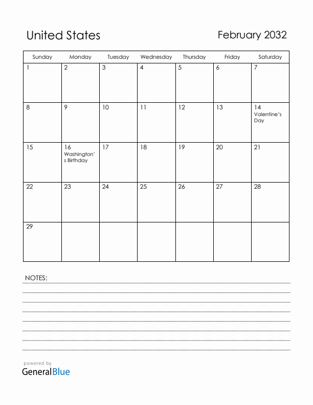February 2032 United States Calendar with Holidays (Sunday Start)
