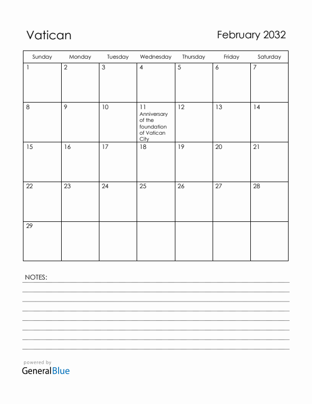 February 2032 Vatican Calendar with Holidays (Sunday Start)