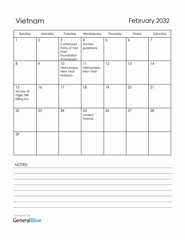 February 2032 Vietnam Calendar with Holidays (Sunday Start)