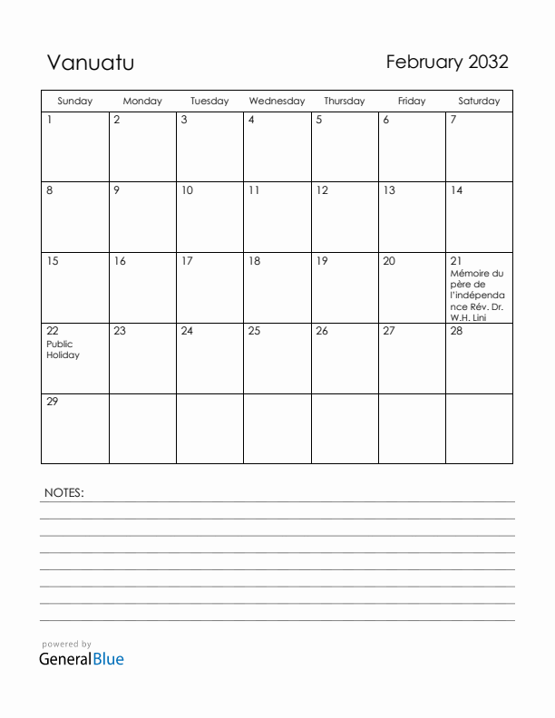 February 2032 Vanuatu Calendar with Holidays (Sunday Start)
