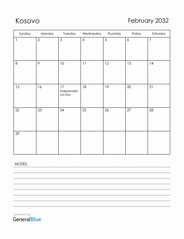 February 2032 Kosovo Calendar with Holidays (Sunday Start)