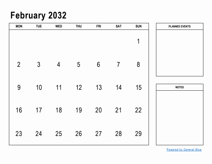 February 2032 Calendar Planner