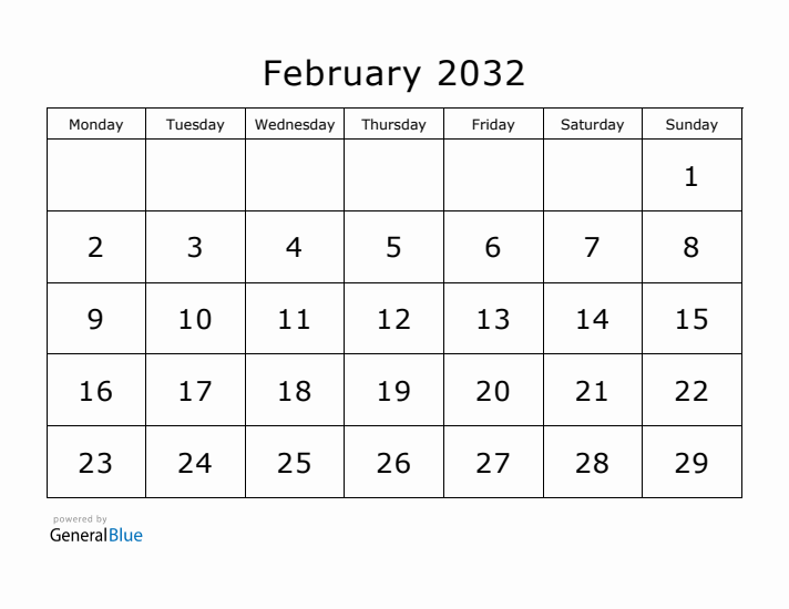 Printable February 2032 Calendar - Monday Start